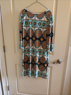 London Times Turquoise & Orange Geometric Midi Dress. Size-10. Good condition